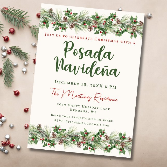Christmas Greenery Festive Mexican Posada Navideña Invitation (Creator Uploaded)