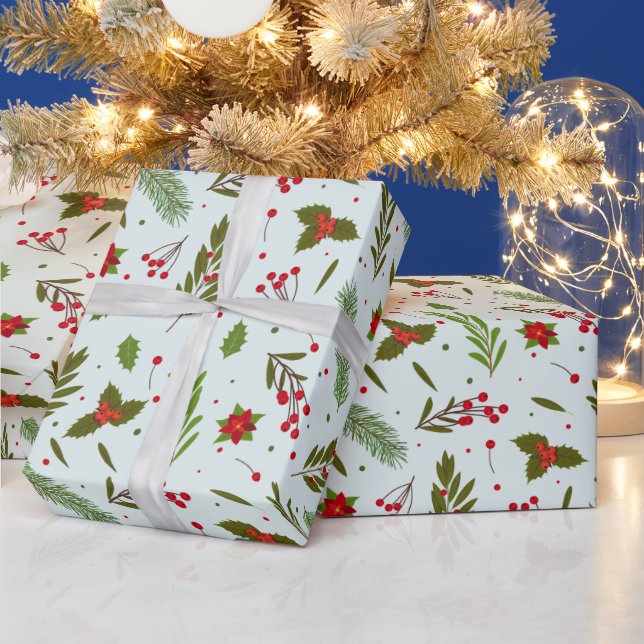 Christmas Greenery Flowers Berries Green Christmas Wrapping Paper (Holidays)
