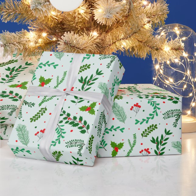 Christmas Greenery Flowers Berries Green Christmas Wrapping Paper (Holidays)