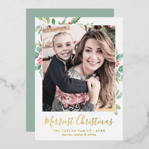 Christmas Greenery Foil Merriest Christmas Photo Holiday Card