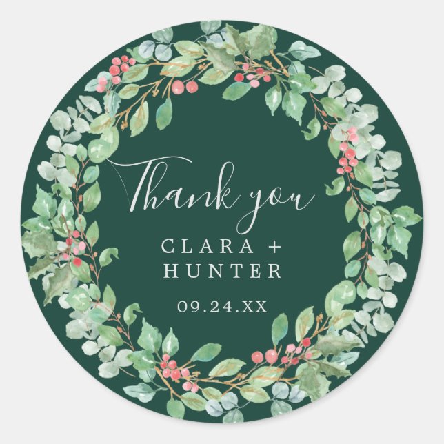 Christmas Greenery Green Wreath Thank You Favour Classic Round Sticker (Front)