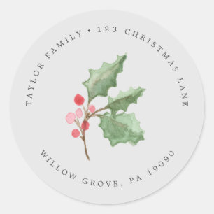 Christmas Greenery   Grey Circular Return Address Classic Round Sticker