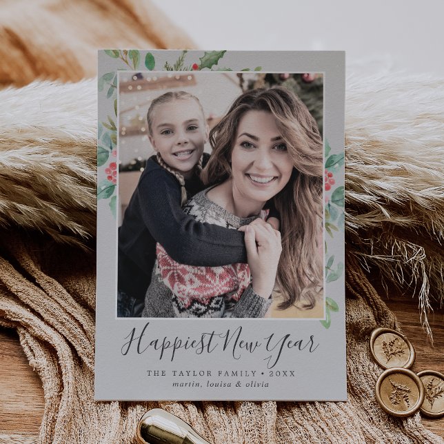 Christmas Greenery Happiest New Year Family Photo Holiday Card (Creator Uploaded)
