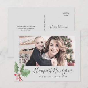 Christmas Greenery Happiest New Year Family Photo Holiday Postcard