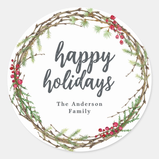 Christmas Greenery Happy Holidays Gift label (Front)