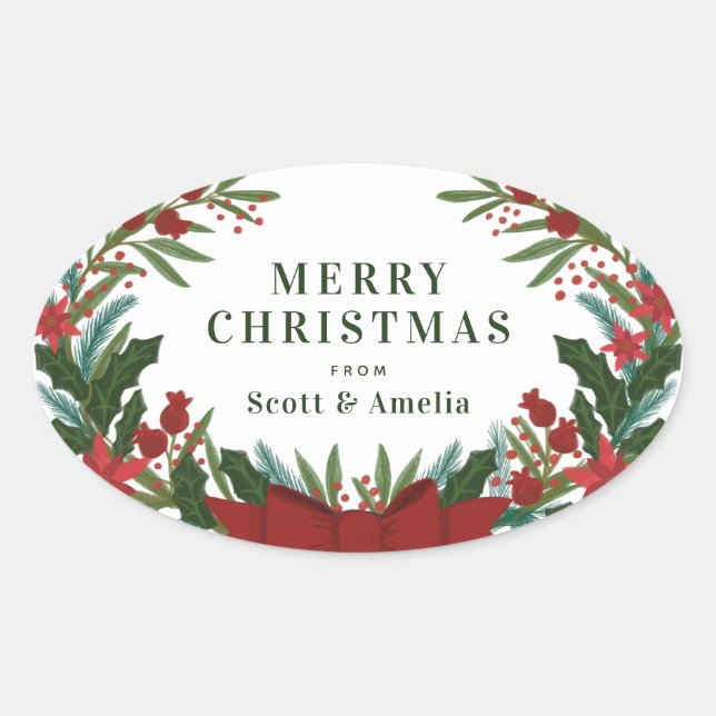 Christmas Greenery Holiday Gift Oval Sticker (Front)