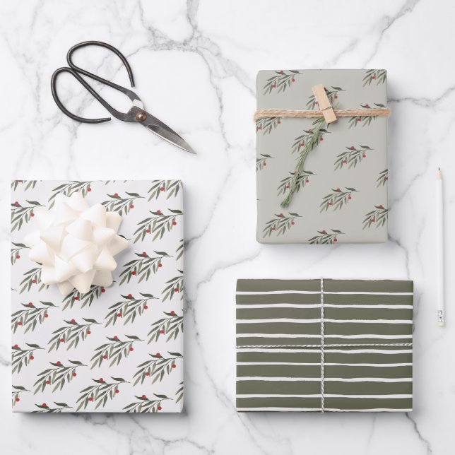 Christmas Greenery Leaves & Berries Wrapping Paper Sheet (Front)