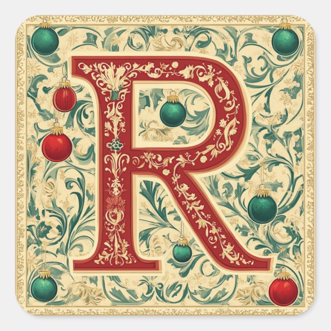 Christmas Greenery Letter R: Seasonal Beauty Square Sticker (Front)