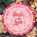 Christmas Greenery Made with Love Holiday Baking Classic Round Sticker<br><div class="desc">Create stickers to label your Christmas holiday homemade goods,  cookies,  candy,  treats,  party favours and more with these stickers featuring white leaves and berries on a red background (or any colour you choose) and your message in chic lettering.</div>