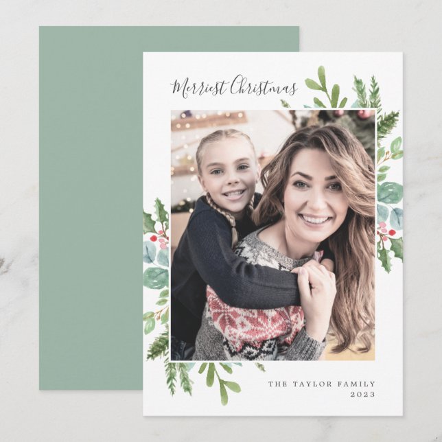 Christmas Greenery Merriest Christmas Photo Holiday Card (Front/Back)