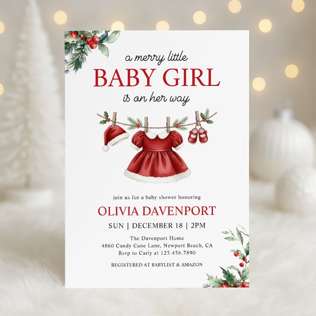 Christmas Greenery Merry Little Girl Baby Shower Invitation (Creator Uploaded)