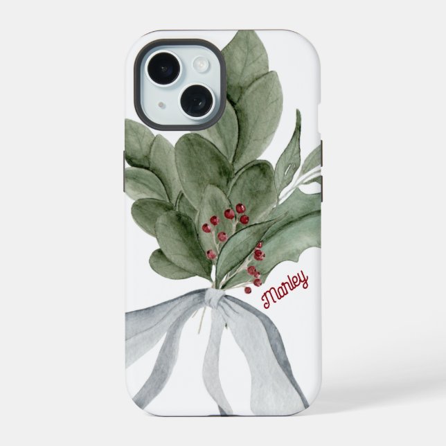 Christmas Greenery Mistletoe Personalized Script iPhone 15 Case (Back)