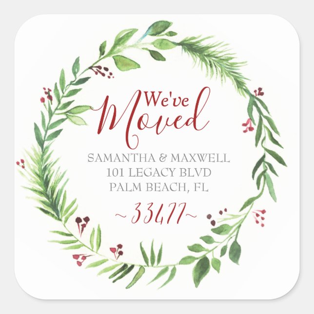 Christmas Greenery Moving Announcement Square Sticker (Front)