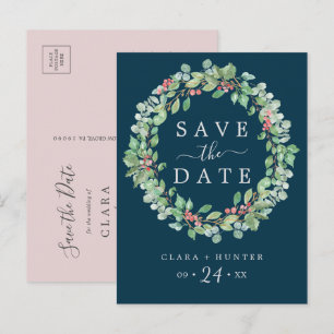 Christmas Greenery   Navy Wreath Save the Date Invitation Postcard