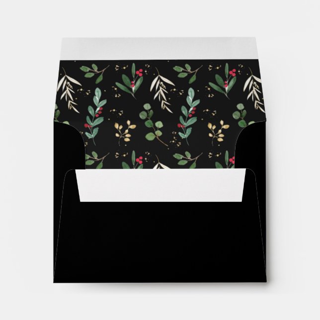 Christmas Greenery on Black | Self-Addressed RSVP Envelope (Back (Bottom))