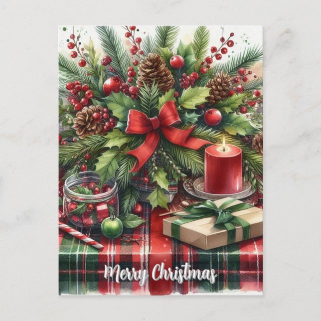 Christmas Greenery Pinecones and Red  Bow  Holiday Postcard (Front)