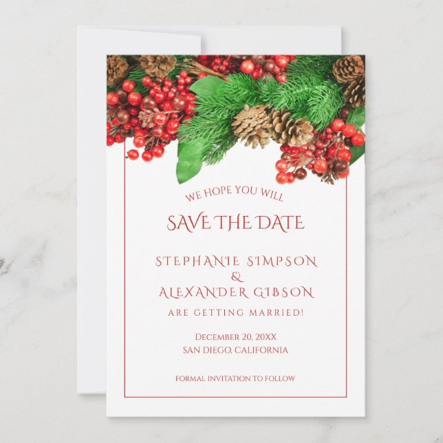Christmas Greenery Red Berries Holiday Wedding  Save The Date (Front)