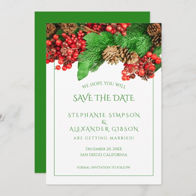 Christmas Greenery Red Berries Holiday Wedding Save The Date (Front/Back)