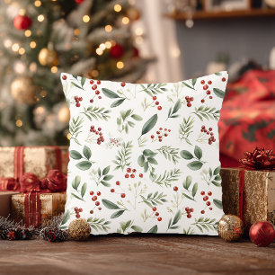 Christmas Greenery & Red Berries Watercolor Throw Pillow