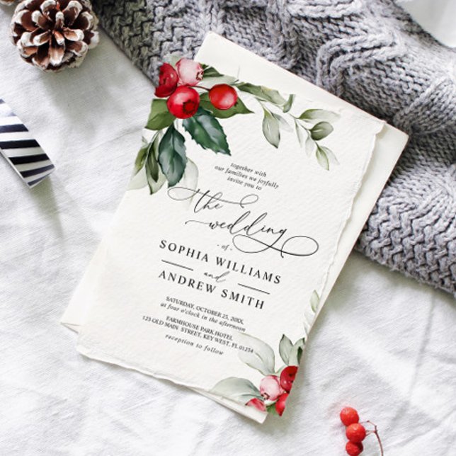 Christmas Greenery & Red Berries Wedding Invitation (Christmas Wedding Invitation)