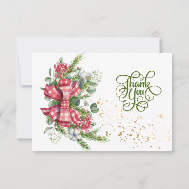 Christmas greenery,  red berry Thank You Card (Front)