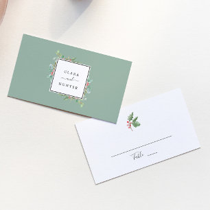 Christmas Greenery & Red Berry Wedding Place Card
