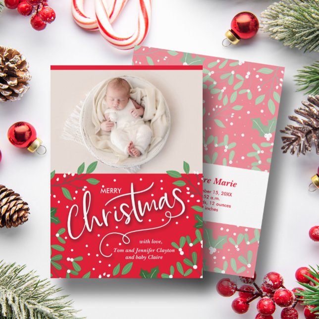 Christmas Greenery Red Photo Birth Announcements (Creator Uploaded)