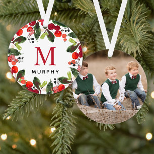 Christmas Greenery Wreath Family Monogram Photo Ornament