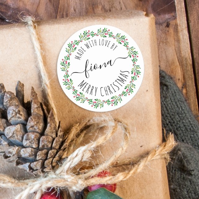 Christmas Greenery Wreath Made With Love Your Name Classic Round Sticker (Christmas Greenery Wreath Made With Love Your Name Classic Round Sticker)