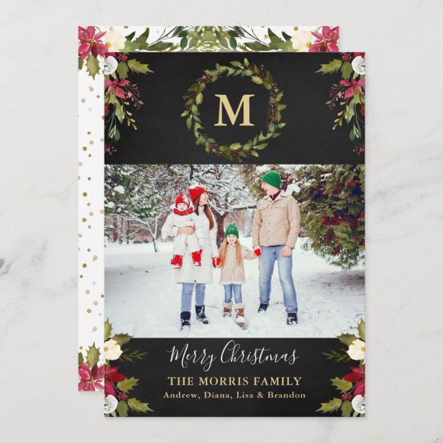 Christmas Greenery Wreath Monogram Photo Holiday Card (Front/Back)