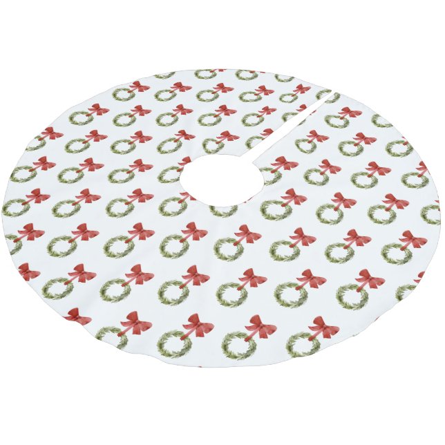 Christmas Greenery Wreath Red Bow Rustic  Brushed Polyester Tree Skirt (Angled)