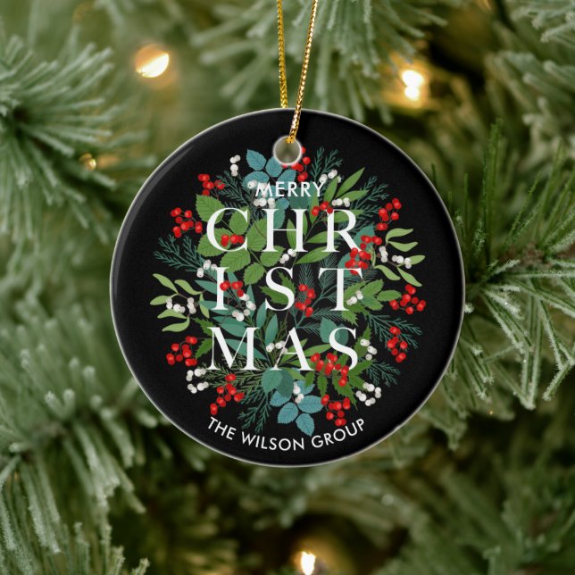 Christmas Greens and Berries on Black Ceramic Ornament (Tree)