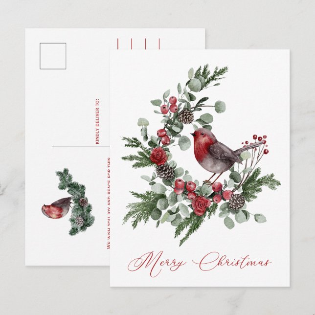 Christmas Greens, Pine Cones, Red Grey Wren Postcard (Front/Back)