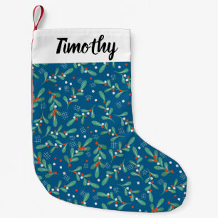 Christmas Greens with Holly Berries Blue Red White Small Christmas Stocking
