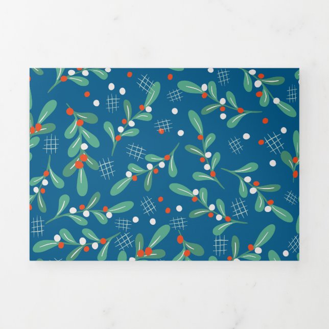 Christmas Greens with Holly Berries Blue Red White Tri-Fold Holiday Card (Cover)