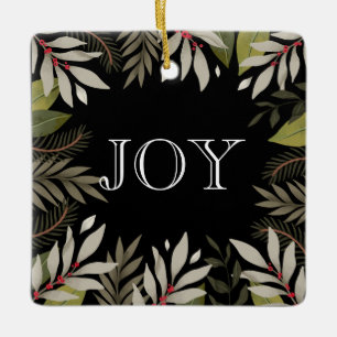 Christmas Greens with JOY, Name & Date Square Ceramic Ornament