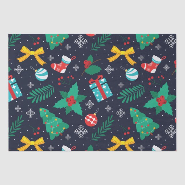 Christmas GreenTrees, Flakes, Stockings Pattern Tissue Paper (Front)