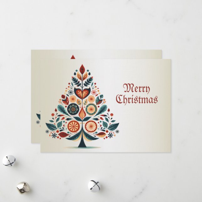 Christmas Greeting Colourful Tree Folk Art Holiday Card (Front/Back In Situ)