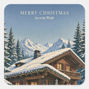 Christmas Greeting Cozy Alpine Chalet Snowy winter Square Sticker