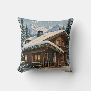 Christmas Greeting Cozy Alpine Chalet Snowy winter Throw Pillow