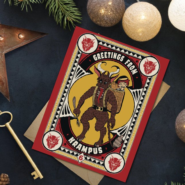 Christmas Greeting from Krampus Sign Carrying Toys Holiday Card (Creator Uploaded)