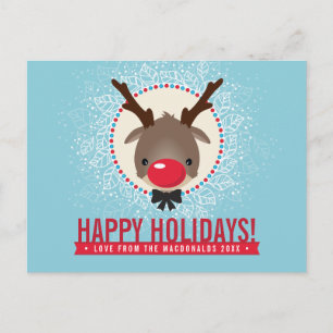 CHRISTMAS GREETING red nose reindeer rudolph blue Holiday Postcard