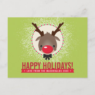 CHRISTMAS GREETING red nose reindeer rudolph green Holiday Postcard