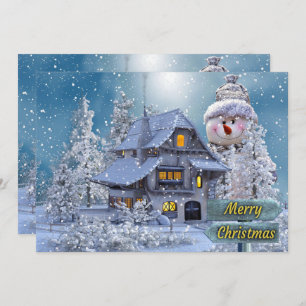 Christmas Greeting Winter White Snowman Blue  Holiday Card