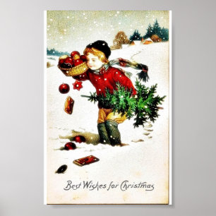 Christmas greeting with a boy has christmas tree a poster