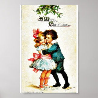 Christmas greeting with a boy hugs a girl poster