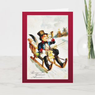 Christmas greeting with a boy playing music and ri holiday card