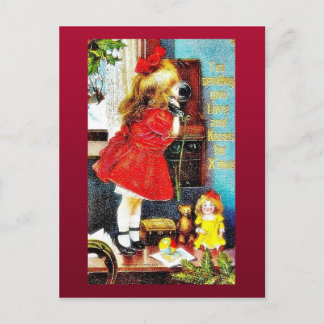 Christmas greeting with a girl making a phone call holiday postcard