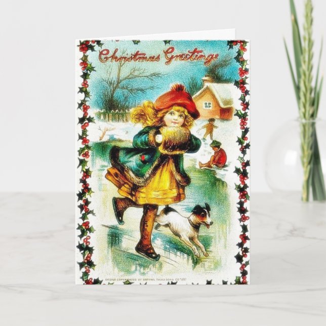 Christmas greeting with a girl walking with a dog holiday card (Front)