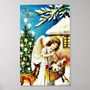 Christmas greeting with angel holding basket of gi poster